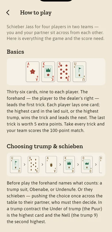 The built-in rules screen, showing the trump order drawn with the app's own cards.